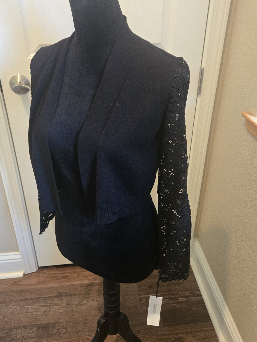 Calvin Klein Black Open-Front Cropped Blazer with Lace Sleeves